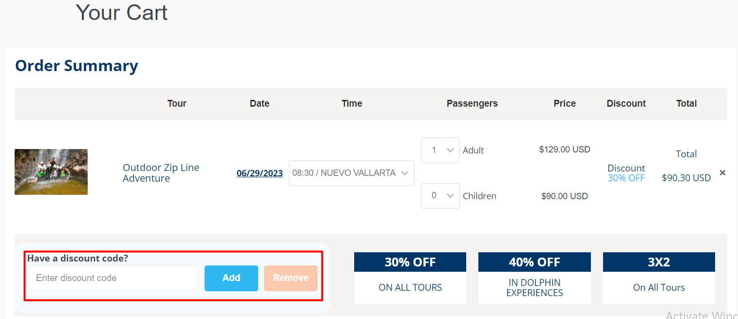 How do I use my Vallarta Adventures discount code?
