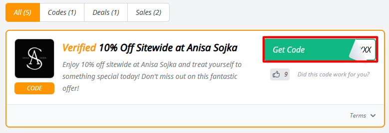 A red box will reveal an Anisa Sojka discount code