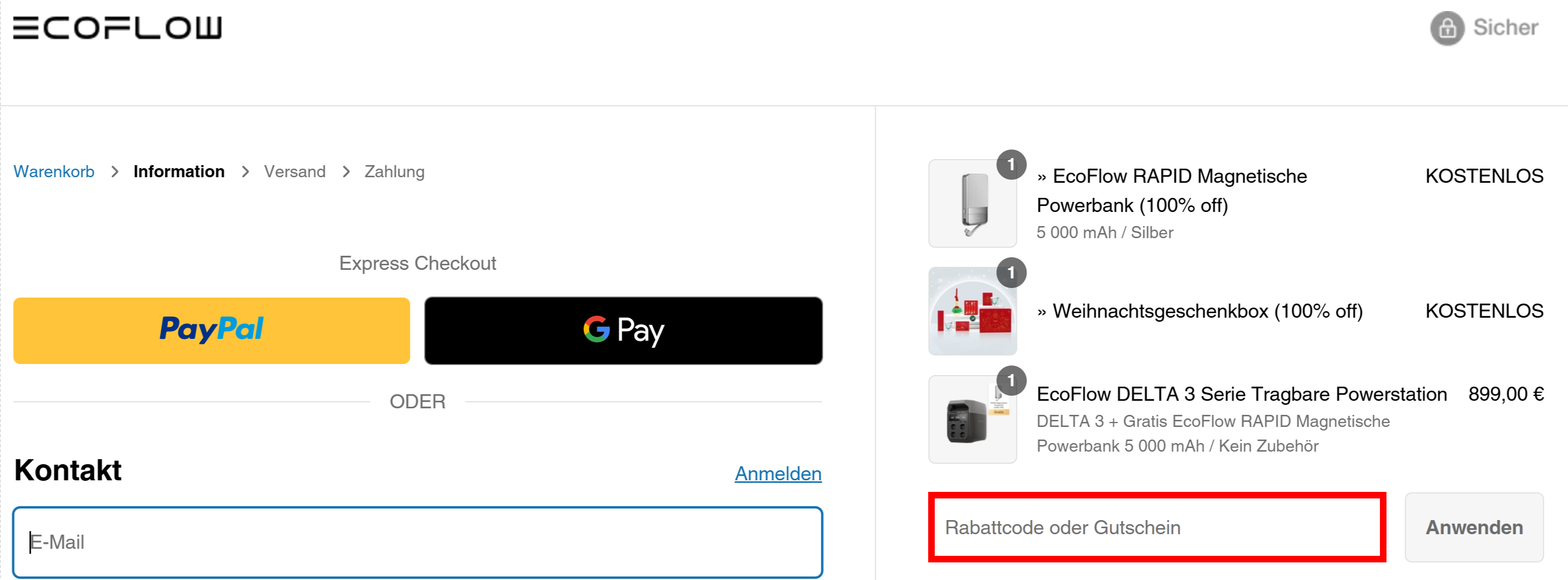 Der Warenkorb von EcoFlow mit einer rotmarkierten Eingabefeld für den Gutscheincode