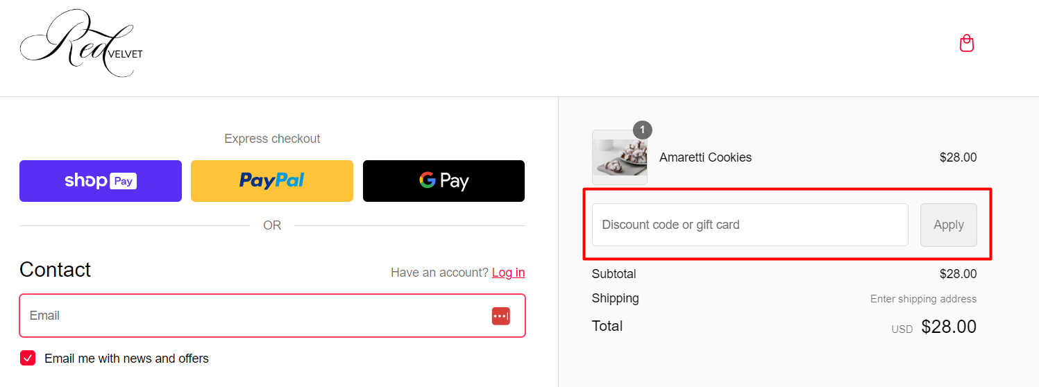 How do I use my Red Velvet discount code?