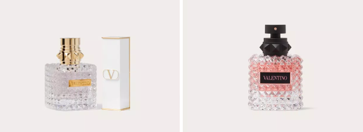 Zwei unterschiedliche Parfums von VALENTINO auf leerem Hintergrund
