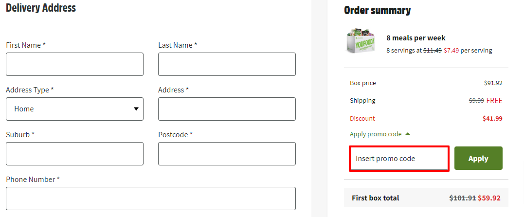 The brand checkout page with where to add the Youfoodz discount code highlighted with a red box