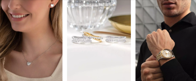 A collage of a woman wearing a necklace, rings on a table, and a man wearing a watch