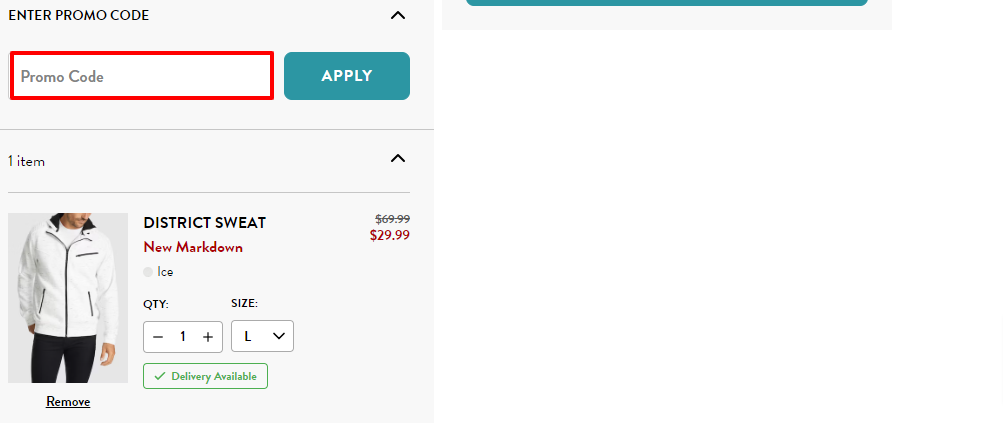 The brand checkout page with where to add the Connor promo code highlighted with a red box