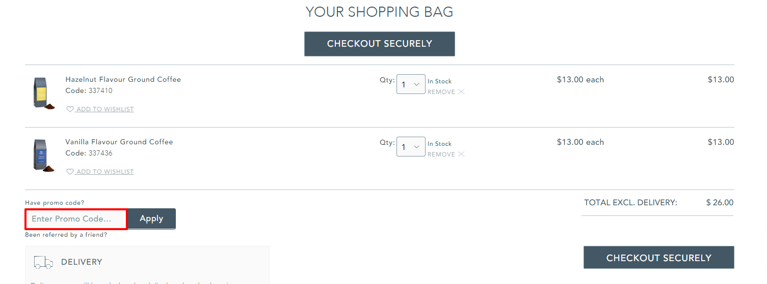 The brand checkout page with where to add the Whittard of Chelsea coupon code highlighted with a red box