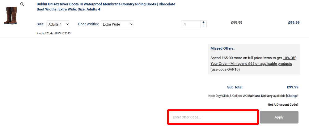 The checkout page shows a highlighted red box where to add a Oakfield discount code.