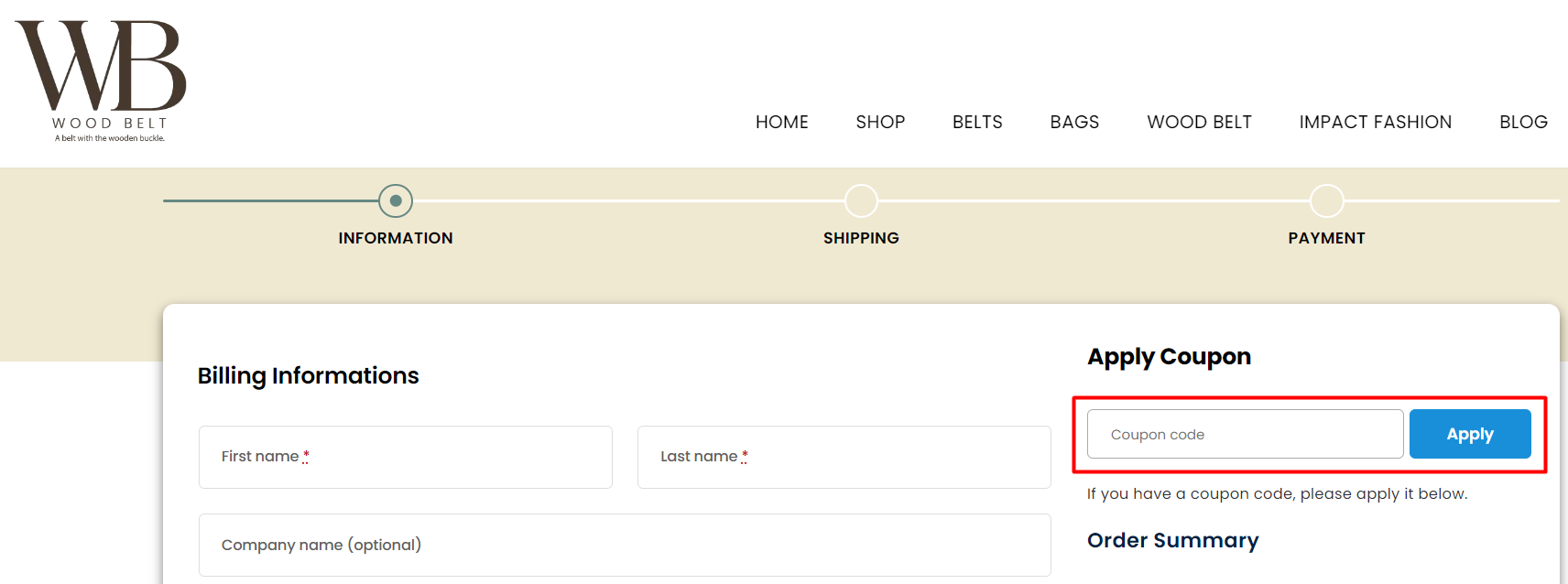 How do I use my Wood Belt coupon code?