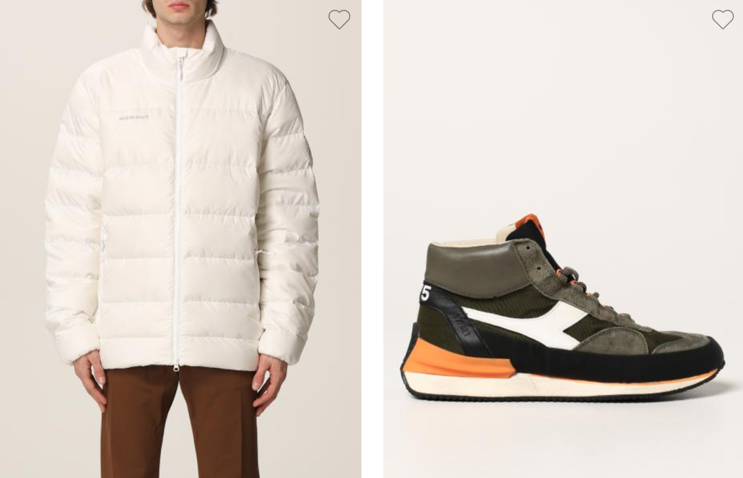 Zwei Produkte von Giglio, eine von einem Mann getragene weiße Jacke und ein Schuh in dunklen Farben