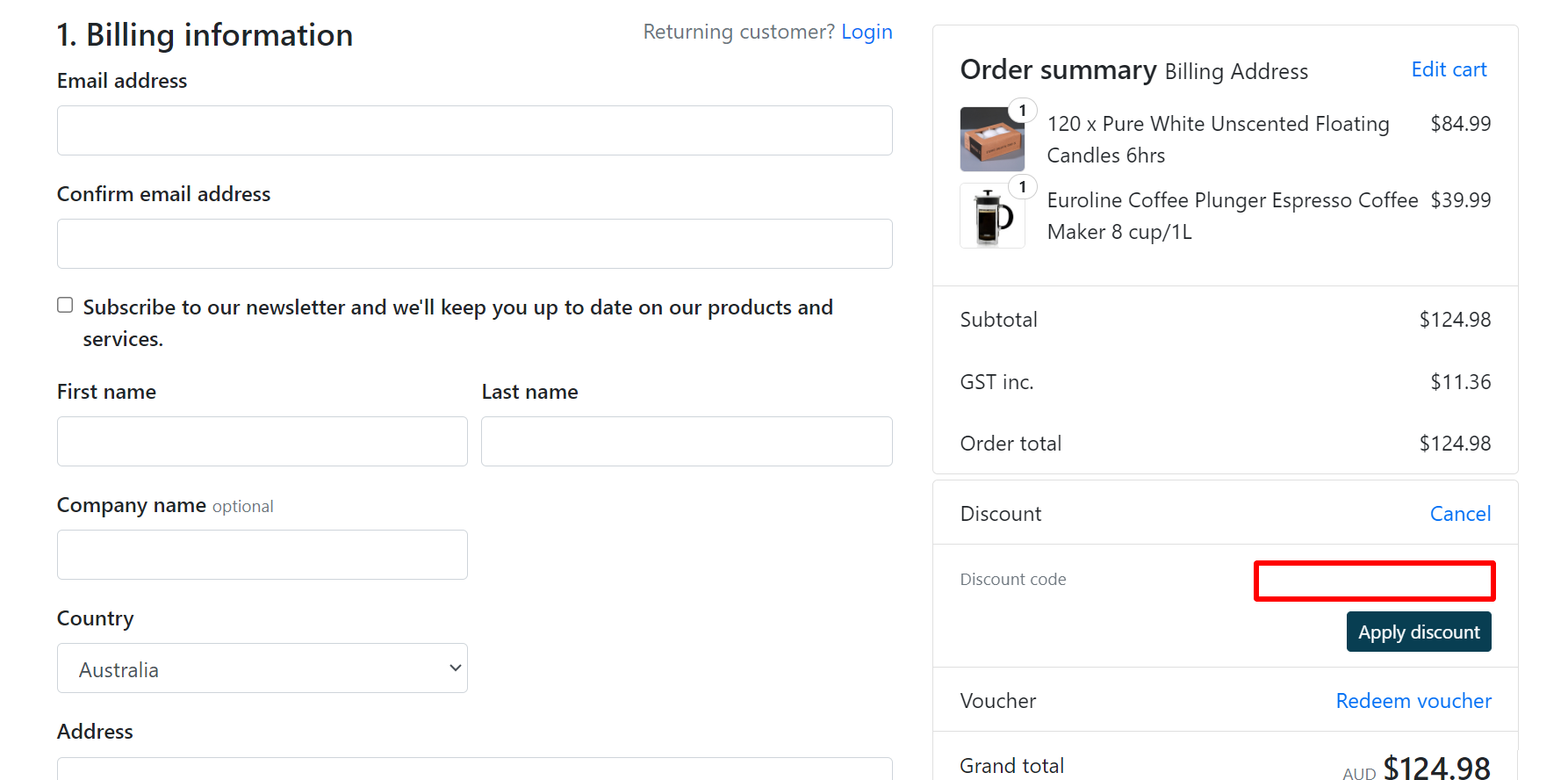 The brand checkout page with where to add the Careyou discount code highlighted with a red box