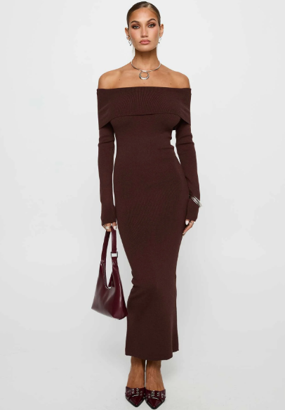 Women's knitwear (NZ): A model wearing the chocolate Celestara Long Sleeve Off Shoulder Maxi Dress