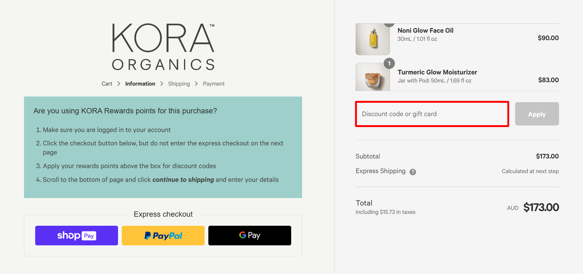 The highlighted red box at the brand checkout page is showing where to add the KORA ORGANICS discount code.