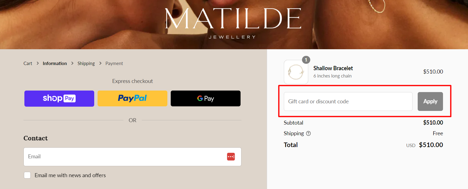 How do I use my Matilde Jewellery discount code?