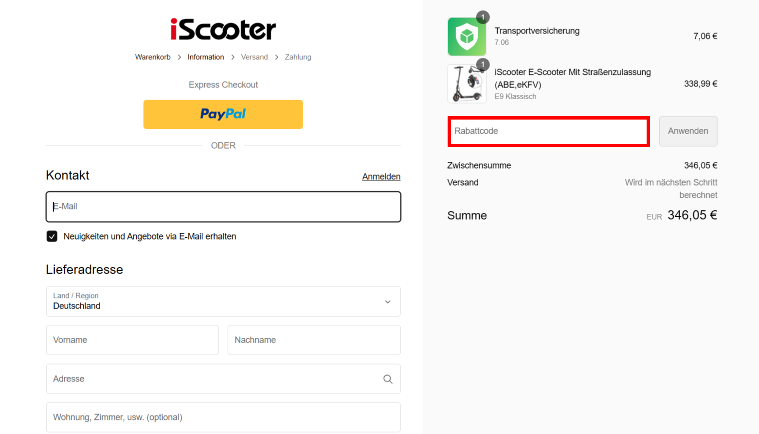 Der Checkout von iScooter mit rotmarkierter Stelle für den iScooter Gutschein