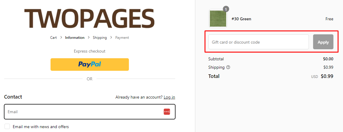 How do I use my TWOPAGES discount code?