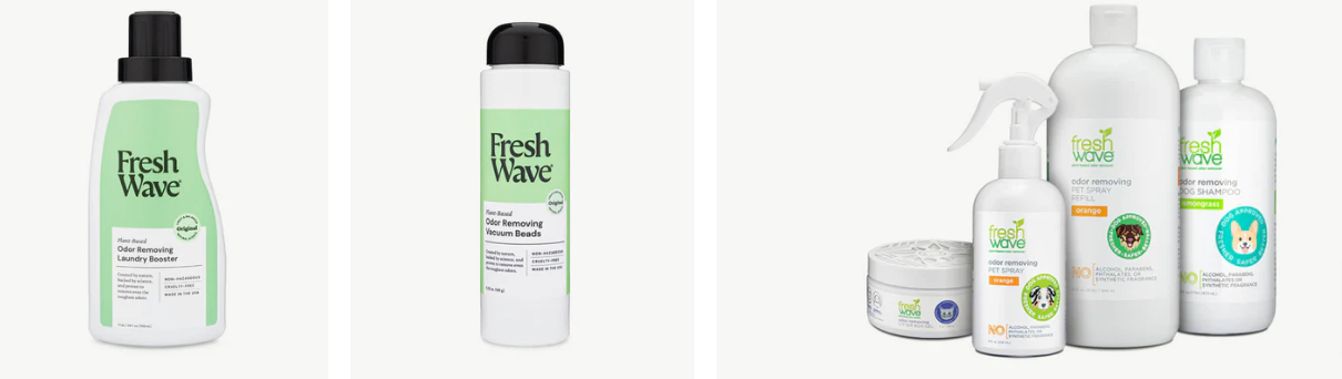 three frames exhibiting Fresh Wave items including laundry booster, vacuum beads, and pet collections