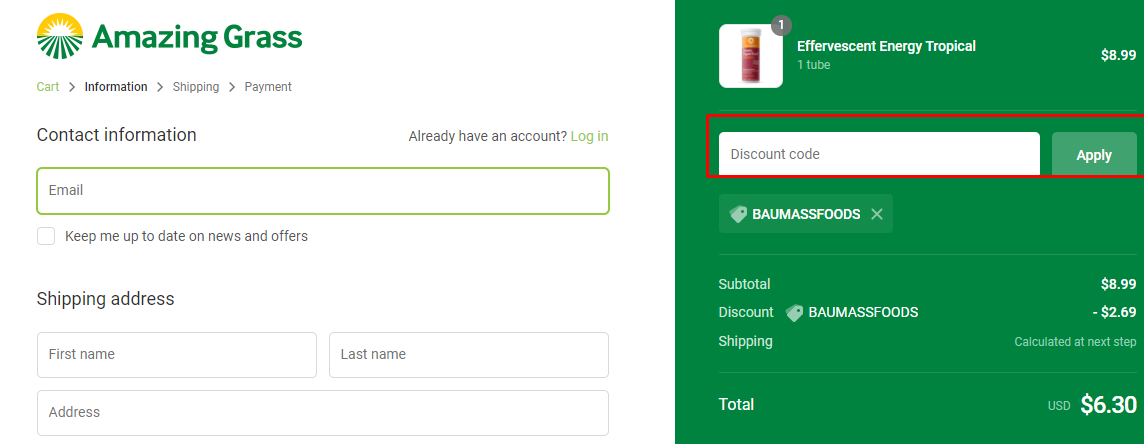 How do I use my Amazing Grass discount code?