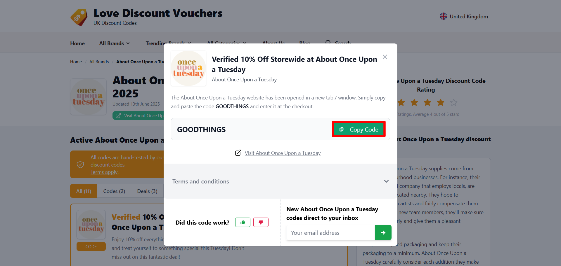 A pop-up displaying a About Once Upon a Tuesday voucher code and its terms and conditions