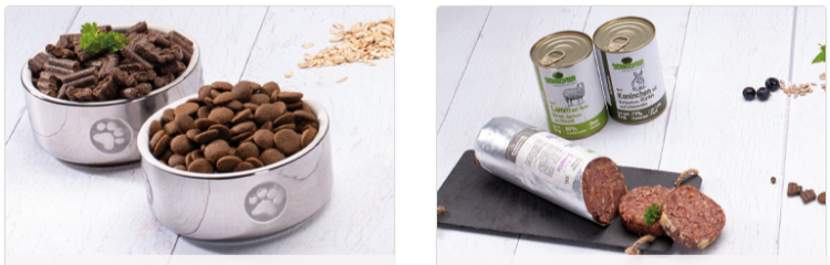 Zwei Bilder mit jeweils Trockenfutter & Nassfutter für Hunde vom Schecker Onlineshop