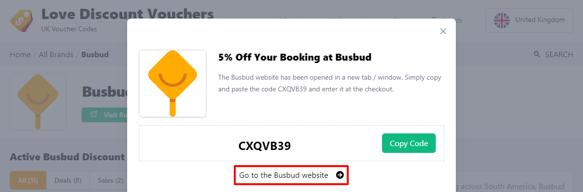Box displayed on a darkened background of a Busbud discount code with the terms and conditions showing