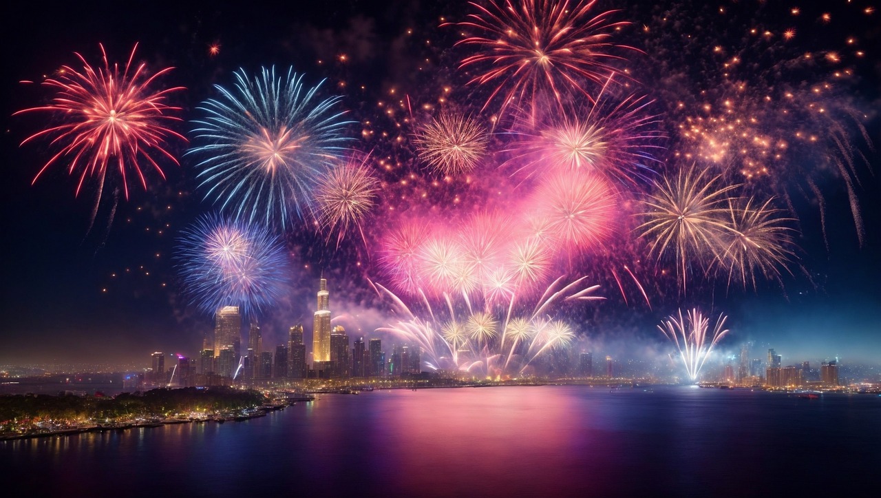 fuegos artificiales de colores sobre ciudad disponible con un cupón de año nuevo