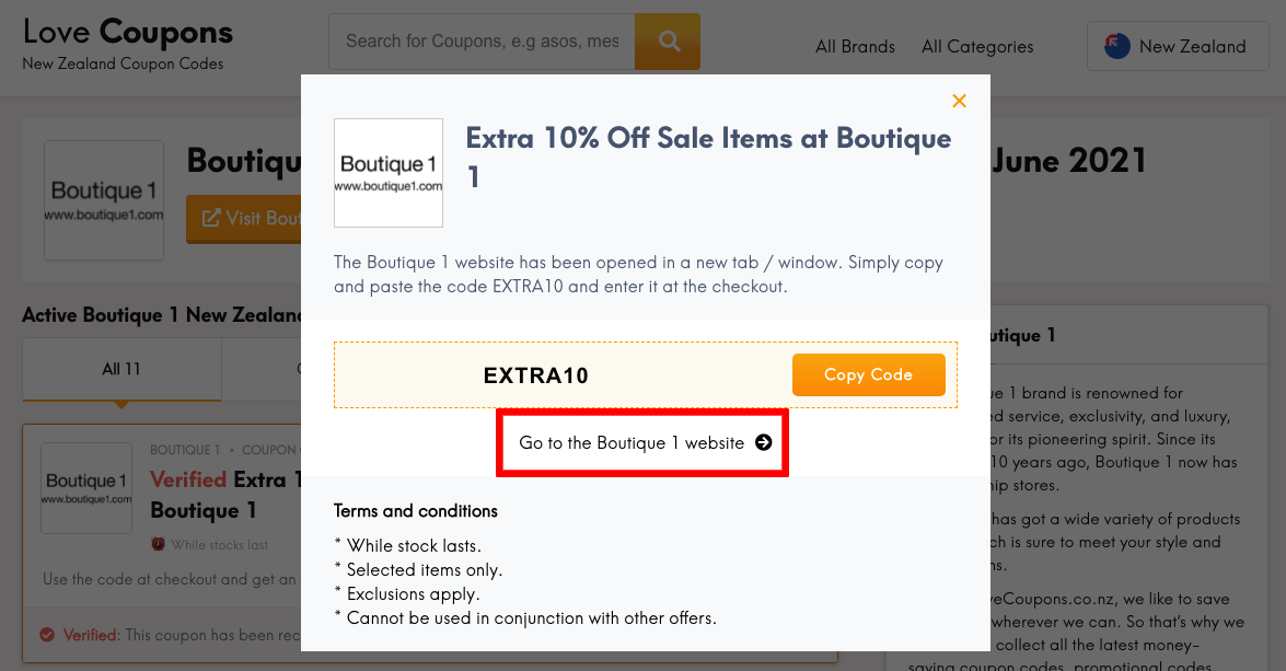Boutique 1 NZ Get Coupon