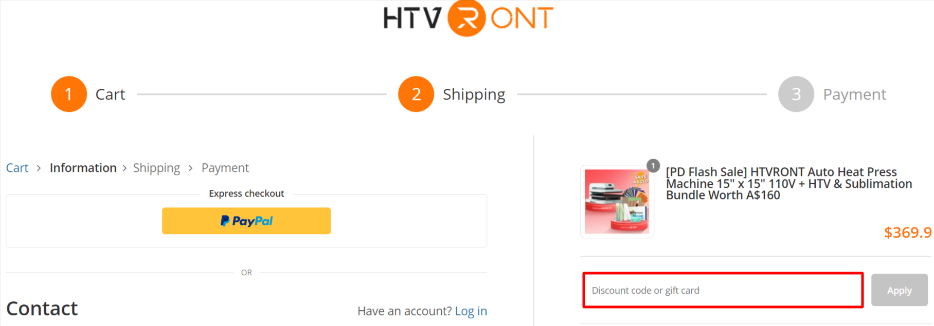 The brand checkout page with where to add the HTVRONT coupon code highlighted with a red box