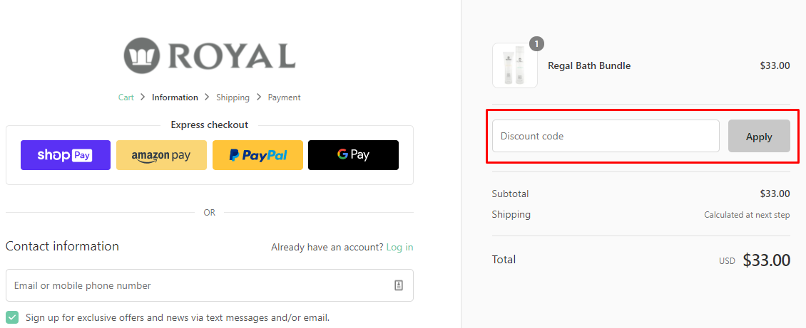 How do I use my Royal discount code?
