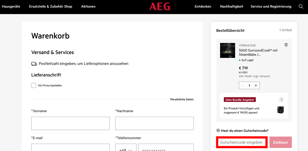Warenkorb von AEG mit einem rotmarkiertem Eingabefeld für Gutscheincodes