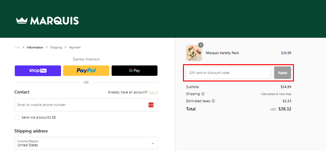 How do I use my Marquis Discount code?