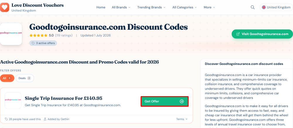 The page where you get a Goodtogoinsurance.com offer