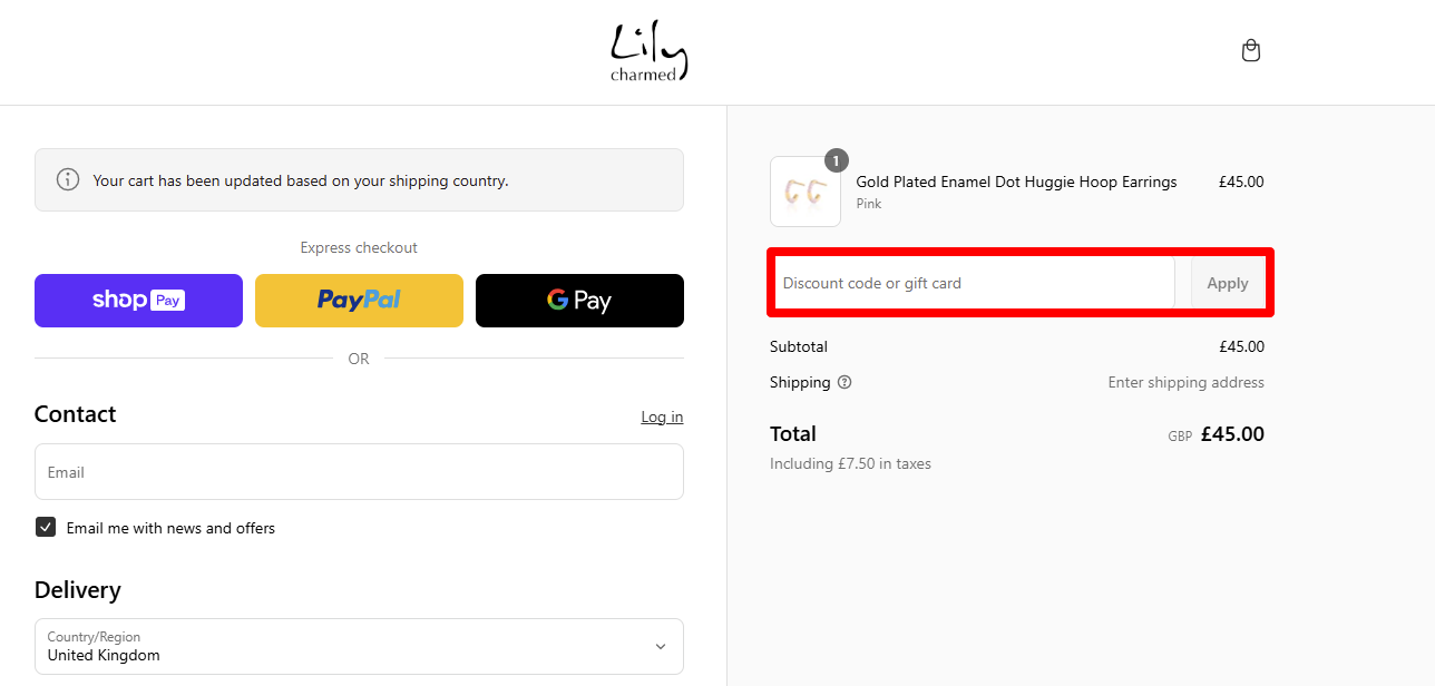 Paste your code in the discount box highlighted in red and click 'Apply' to redeem your discount code