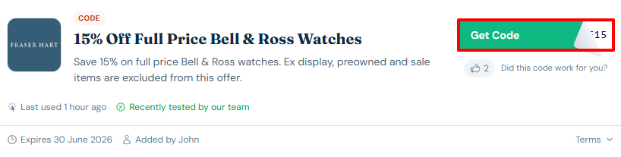 A box will show the Fraser Hart voucher code to use on your purchase
