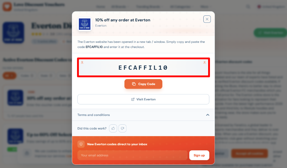 Copy your code and visit Everton