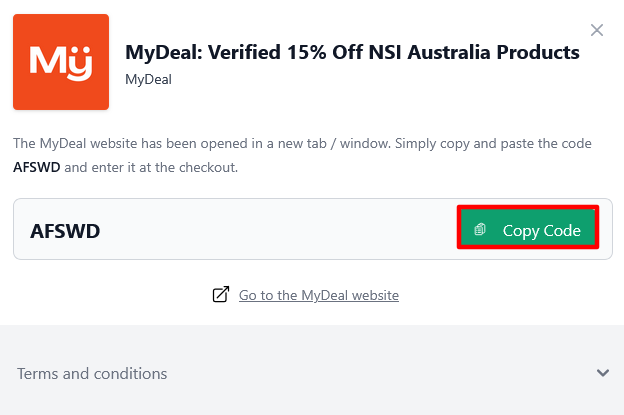 MyDeal page on Love Coupons where to copy your code