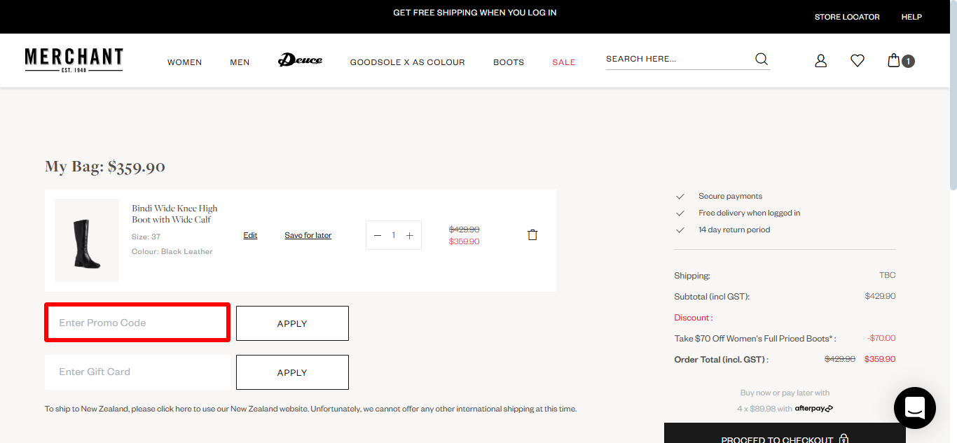 Merchant 1948's shopping bag page where you can apply your Merchant 1948 promo code to your order
