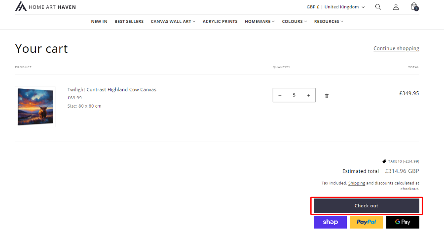 Home Art Haven page with a red box around the checkout button