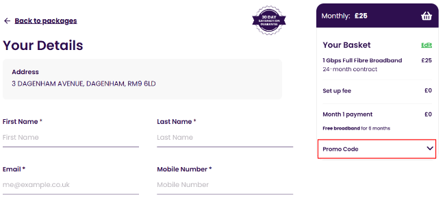 A box where you can add your Community Fibre promo code to redeem it
