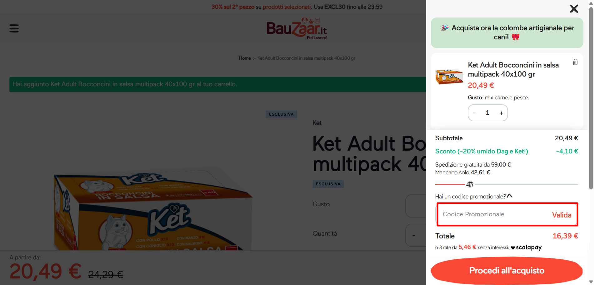 carrrello della piattaforma Bauzaar in cui si puó inserire il coupon Bauzaar nello spazio adatto per validare lo sconto