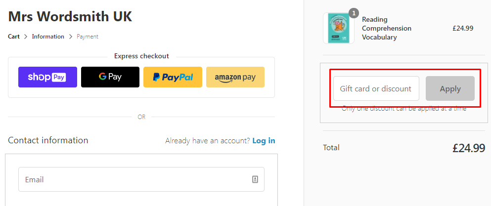 How do I use my Mrs Wordsmith discount code?