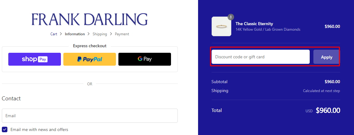How do I use my Frank Darling discount code?
