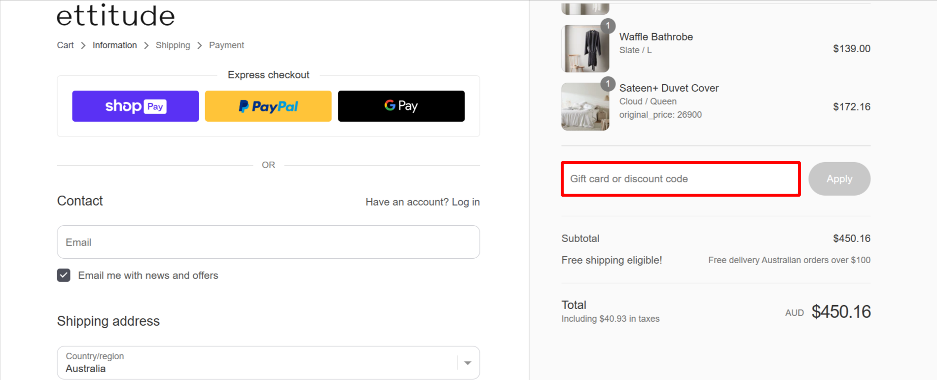 The brand checkout page with where to add the Ettitude discount code highlighted with a red box