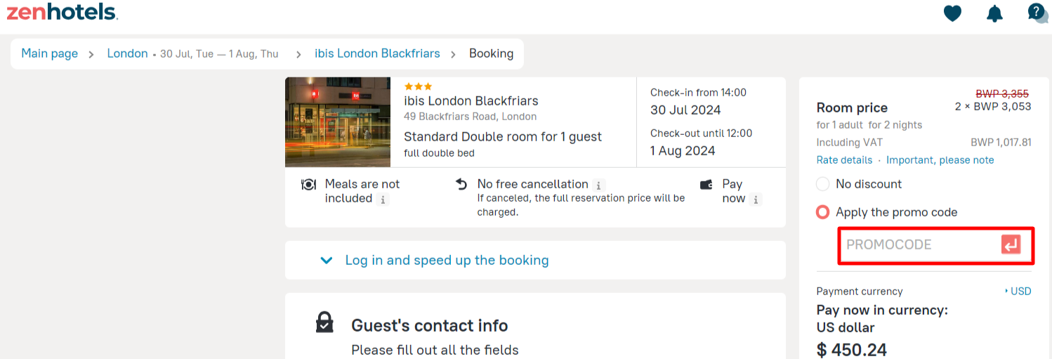 The brand checkout page with where to add the ZenHotels promo code highlighted with a red box