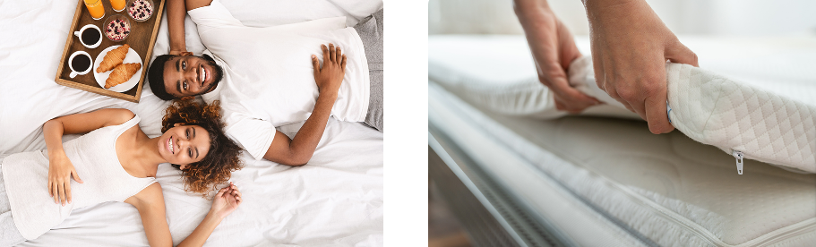 A couple testing out a Mattressman bed in the morning whilst having breakfast in bed