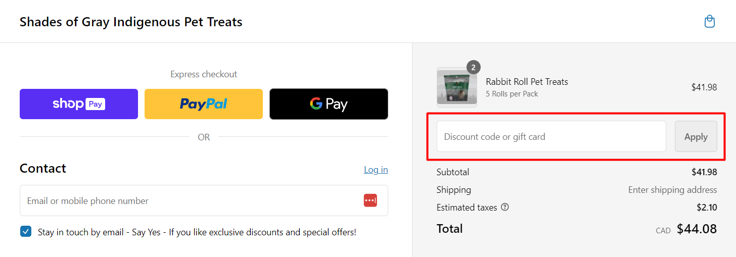 How do I use my Shades of Gray Indigenous Pet Treats discount code?