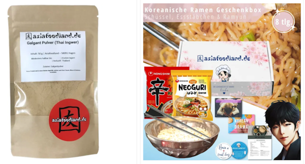 Darstellungen von asiatischem Essen mit der entsprechenden Verpackung