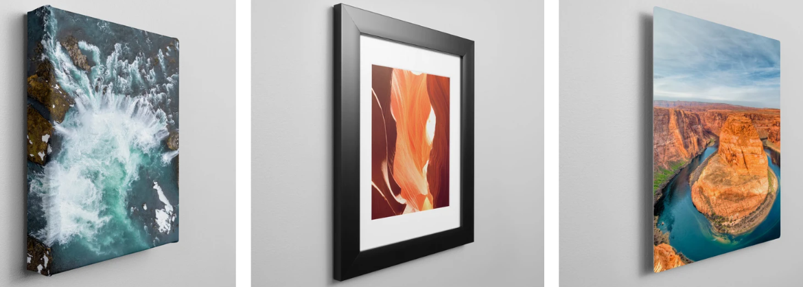 A collage showing canvas print, framed print and a metal print of a gorge