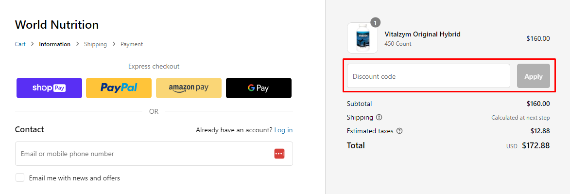 How do I use my World Nutrition INCORPORATED discount code?