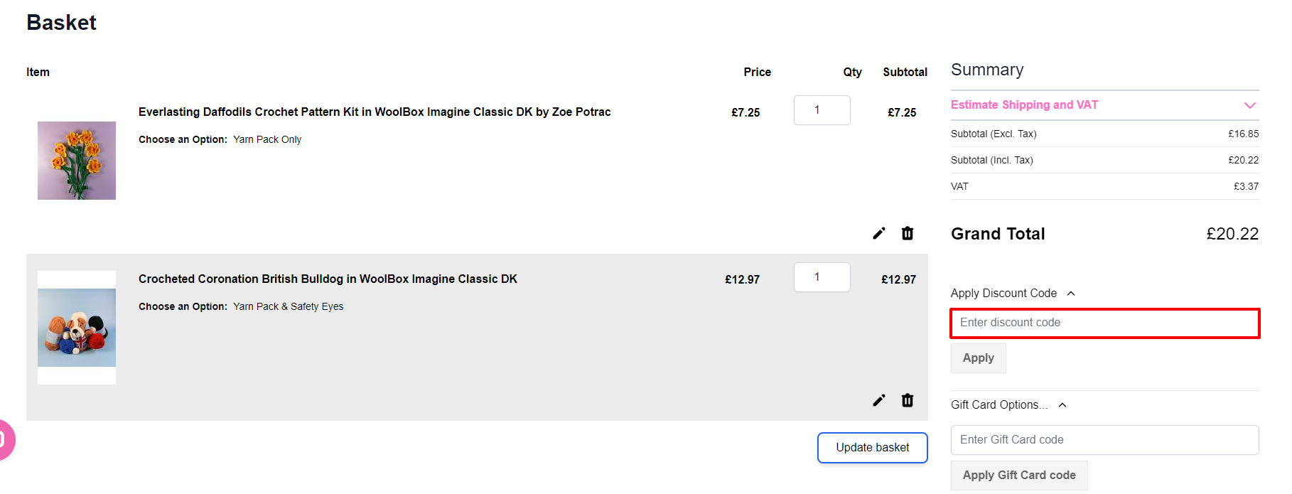 The brand checkout page with where to add the Woolbox discount code highlighted with a red box