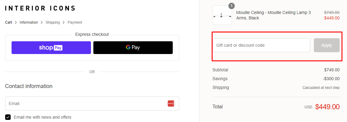How do I use my Interior Icons discount code?