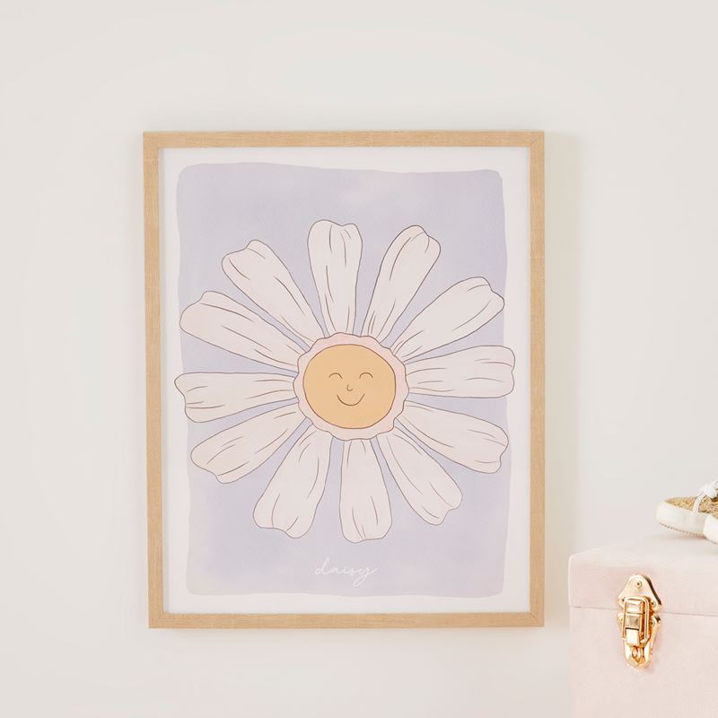framed drawing of a daisy on a white wall with a suitcase and pair of shoes next to it